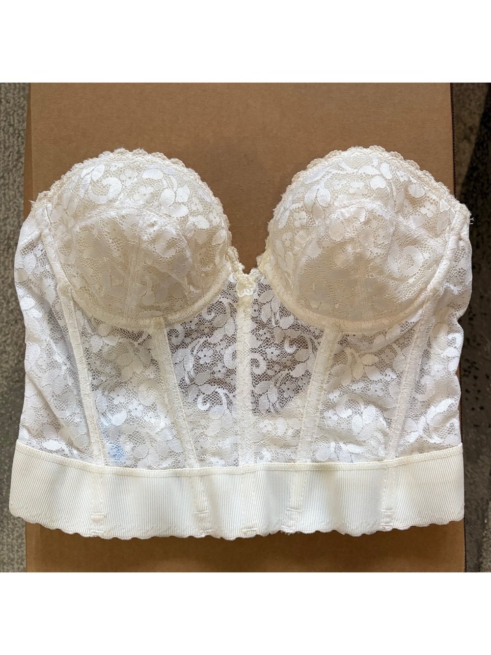 Vintage 70s Cream White Sheer Mesh Floral Lace Corset Top Bustier Longline Bra - Picture 2 of 16